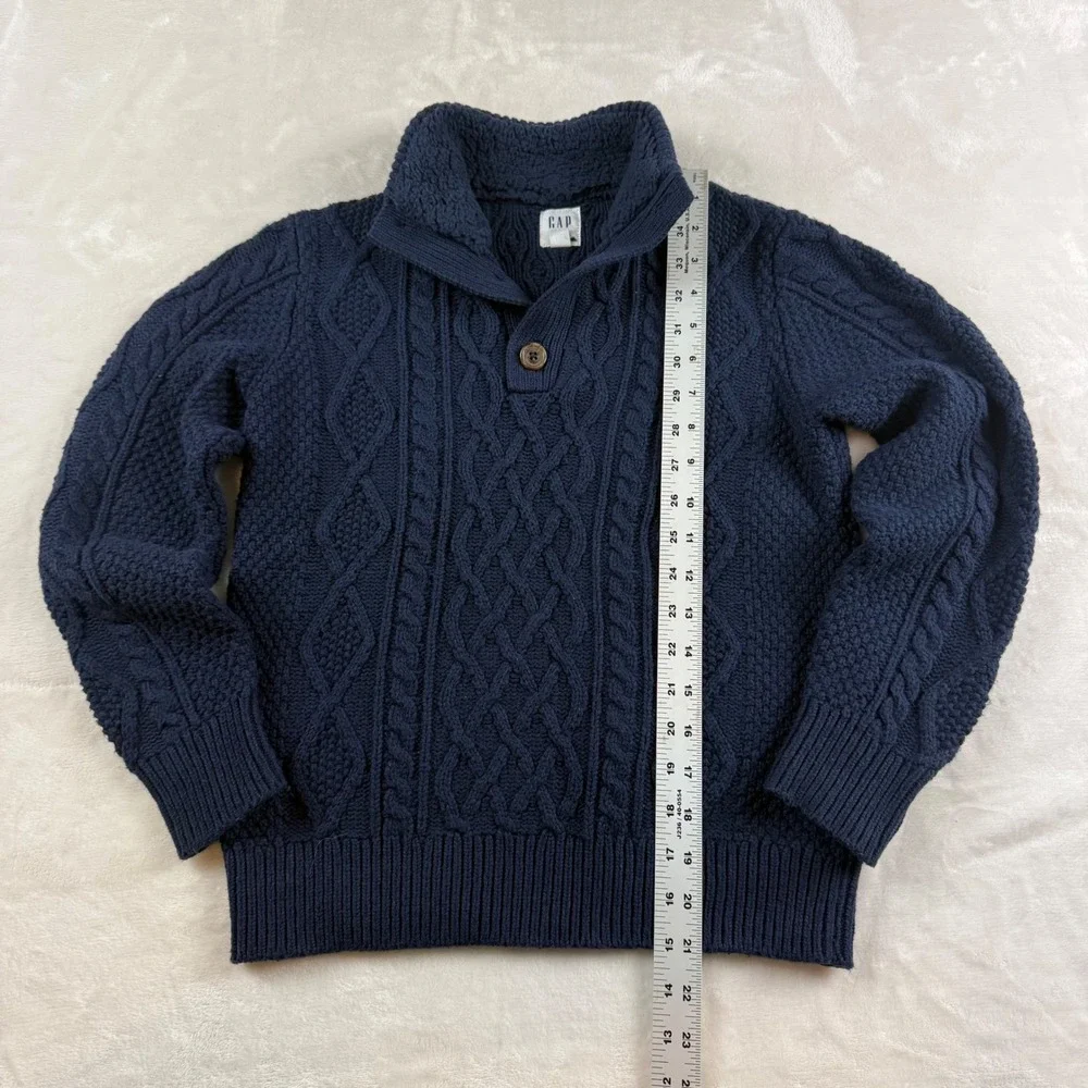 Gap Kids Cable Knit Fisherman Sweater Boys L Blue Sherpa Lined Mock Neck Button